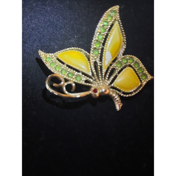 Butterfly Vintage Brooch Gold Tone Green Rhinestones  Yellow Enamel AS IS - Picture 1 of 8